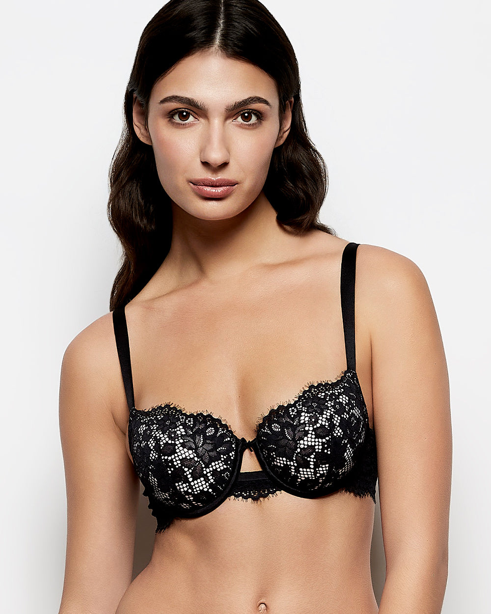 Lightly Lined Balconette Bra with Lace in Black