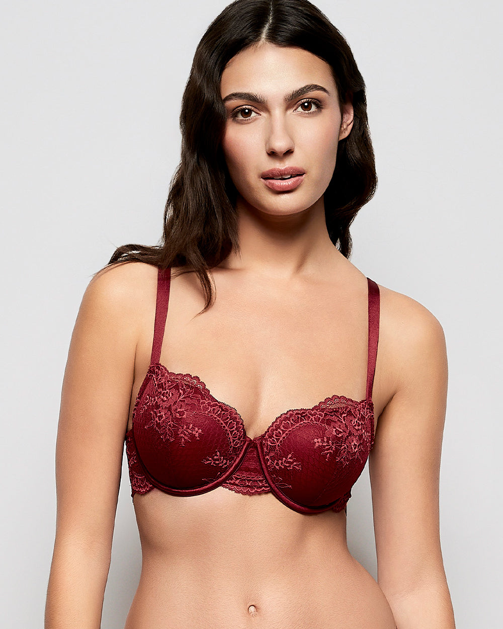 Allover Lace Lightly Lined Balconette Bra in Opulent Red